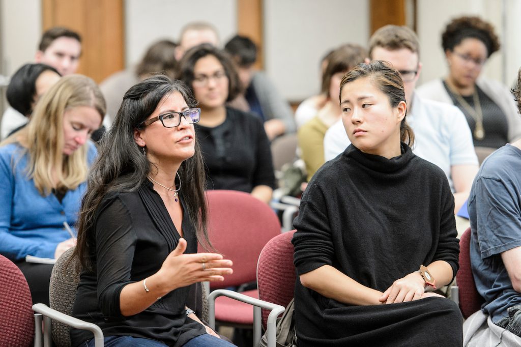 Students and faculty in the Sociology Department at the University of Wisconsin-Madison gather in the Sewell Social Science Building to hear sociologist Matthew Desmond, author of the 2016-2017 Go Big Read work "Evicted: Poverty and Profit in the American City," speak on Nov. 2, 2016. Go Big Read (GBR), a common-reading program, is designed to engage students, faculty, staff and the community in a shared, academically focused reading experience. (Photo by Bryce Richter / UW-Madison)